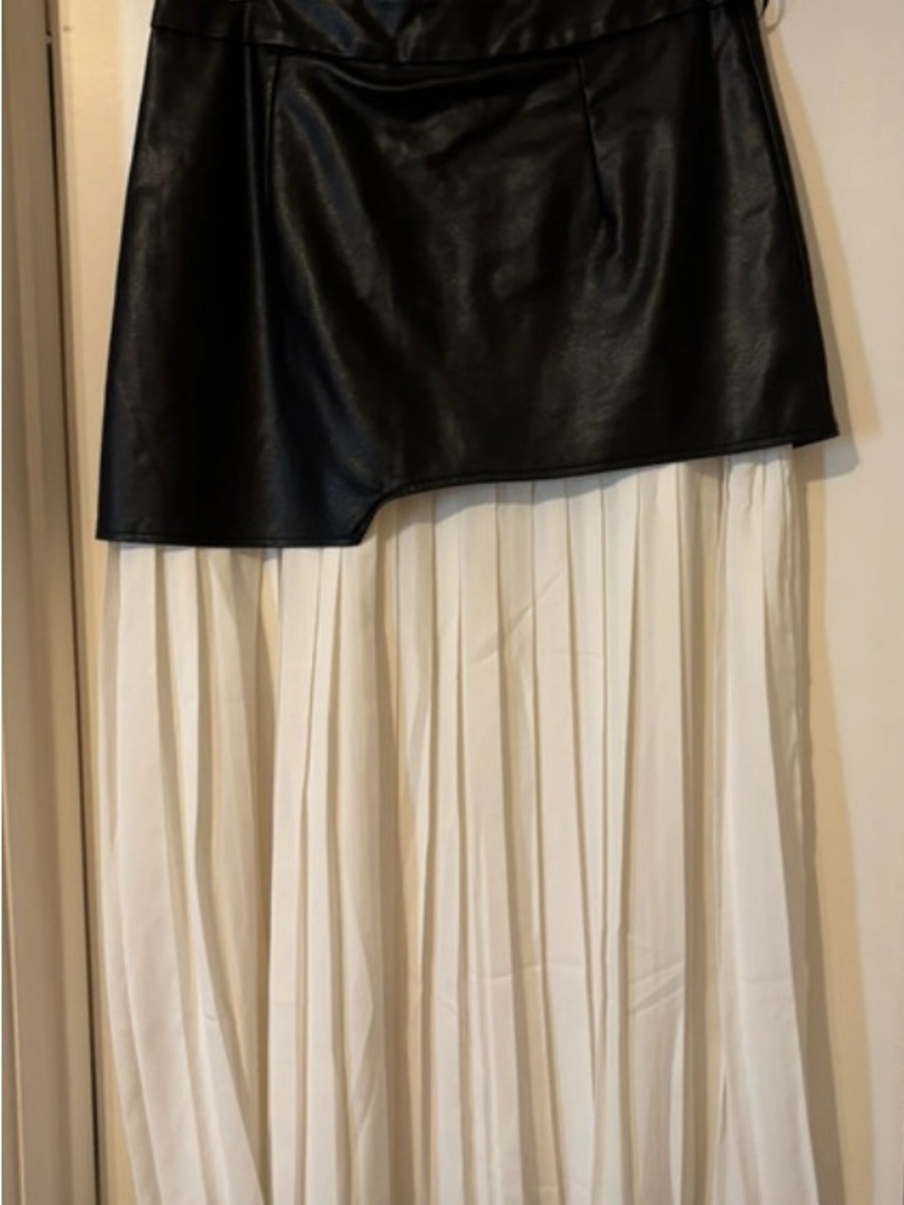 Black Faux Leather & Cream Pleated Maxi Skirt